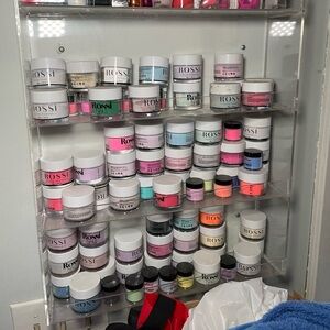 Rossi dipping nail powders 60+ colors with plexiglass rack.